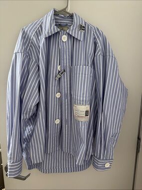 Miharayasuhiro Blue and White Vertical Stripe Button-Down Shirt